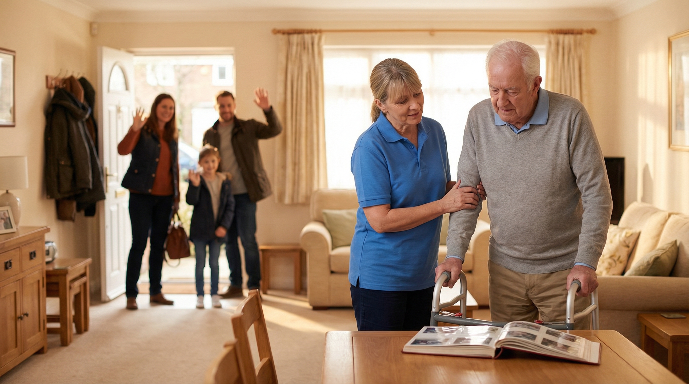 Professional caregiver providing respite care services to elderly man while family takes a break